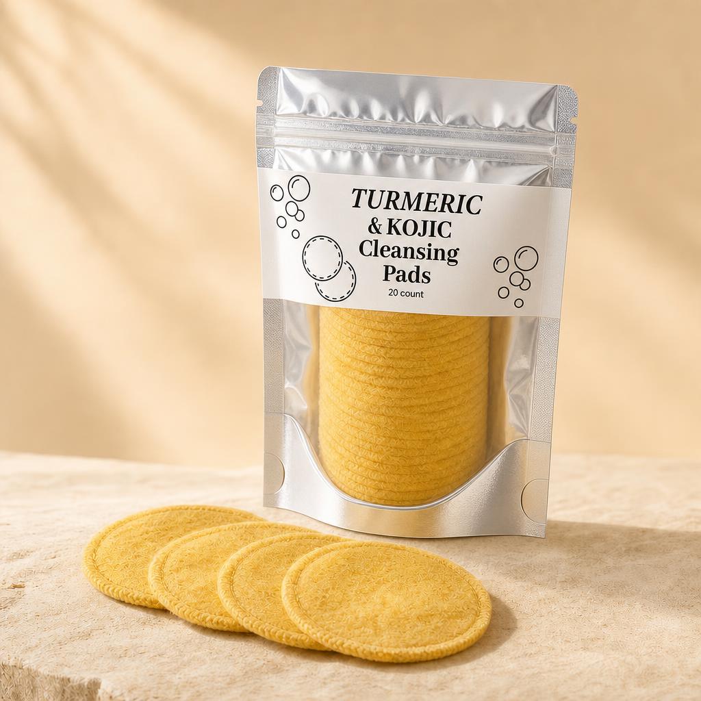 Turmeric & kojic acid exfoliating pads fanned out in front of the pouch
